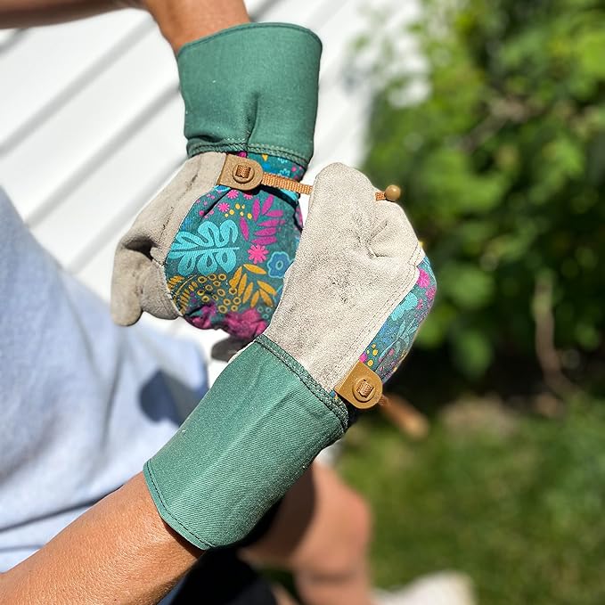 Wells Lamont Women's Botanical Print Leather Palm Pruning, Gardening Gloves, Medium (4183M)