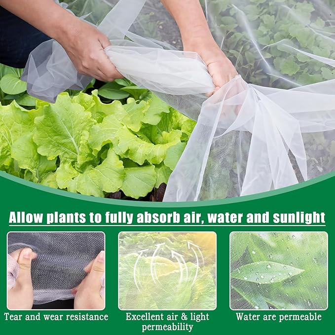 10 X 33 FT Garden Mesh Netting Kit Pest Barrier for Raised Beds, Fruit Tree Netting with 6 Sets Garden Hoops & 12 Clips for Cicadas Bird Insect, Blueberry Bush Netting Cover for Garden Protection