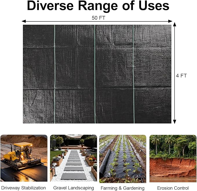 Weed Barrier Landscape Fabric 4FT x 100FT - 3.2oz Heavy Duty Weed Control Mat, High Permeability Woven Geotextile Fabric for Driveway, Gravel, Yard Ground Cover, Greenhouse Gardening (4FT x 100FT)