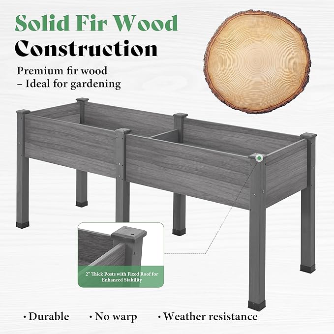 AMERLIFE Raised Garden Bed, 72x24x30 Inches Elevated Wood Planter Box with Bed Liner, Legs, Divider, Drainage Holes, Stand for Backyard, Patio, 300 Lb Capacity - Grey
