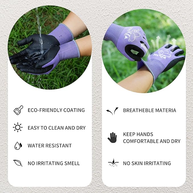 JDL 12 Pairs Nylon Nitrile Coated Gardening Gloves for Women, Touchscreen Yard Garden Gloves, Breathable Safety Work Gloves with Grip, Purple, Medium
