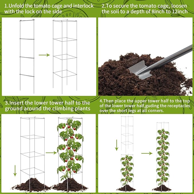Hicarer 16 Pack Square Tomato Cage Heavy Duty Tomato Cages for Garden Vegetable Plant Trellis Stakes Plant Support Stake Tower for Climbing Vegetables Plants Flowers Fruit (11.5 x 46 Inches,Silver)
