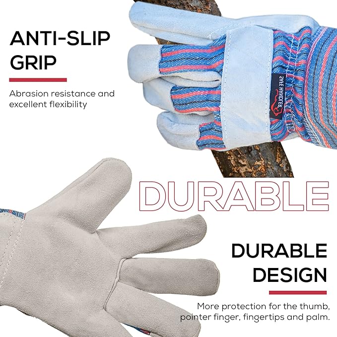 SAFE HANDLER Work Leather Gloves with Cool Cotton Lined Backing Lightweight & Versatile Split Leather Safety Cuff Work Gloves
