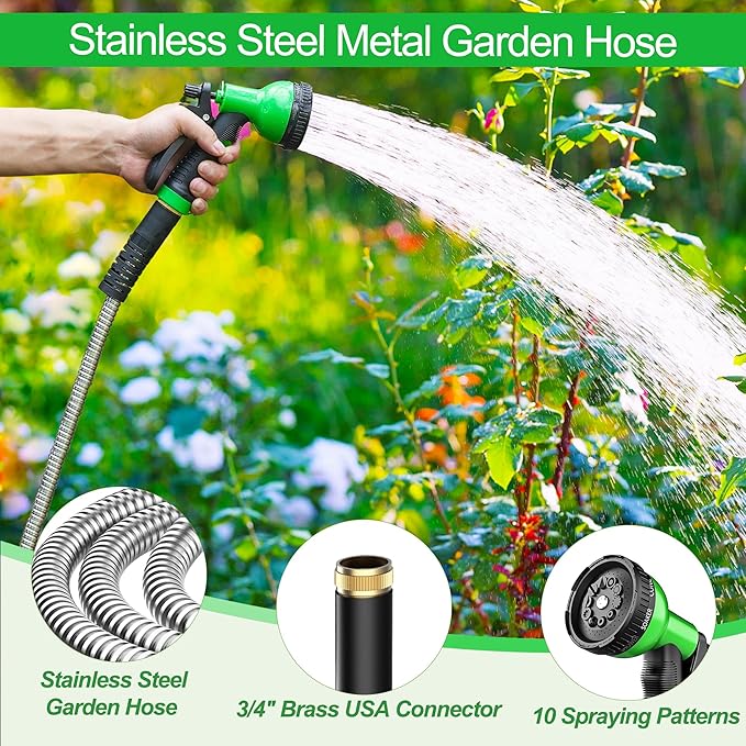 Metal Garden Hose 50ft, Stainless Steel Water Hose Leak-Proof w/10 Function Sprayer Nozzle, 5/8" Flexible Garden Hoses, Long-Lasting, Lightweight, No-Kink Water Hose, for Yard and Lawn