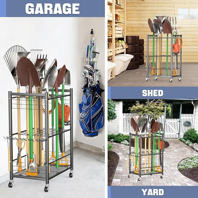 WALMANN Garden Tool Organizer with Wheels for Garage, Rakes/Shovels/Yard Tools Storage Stand for Garden, Yard, Indoor/Outdoor Long-Handled Tools Rolling Cart(Tool stand)