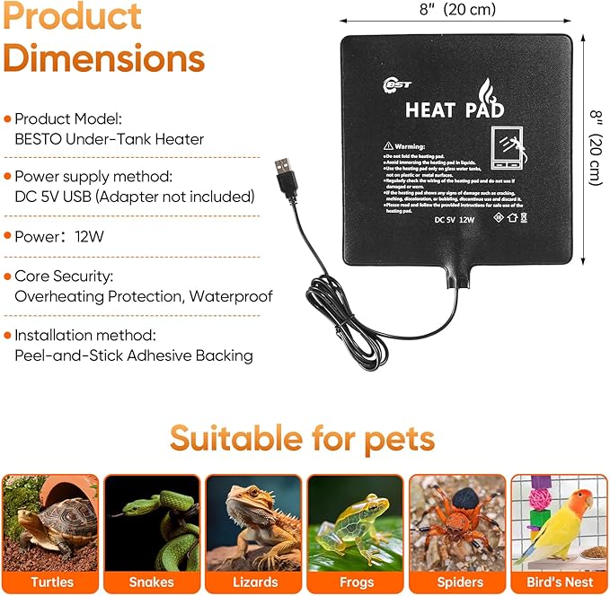 Waterproof Heating pad Plant Heating pad 8.0x8.0Inch 12W Under Tank Terrarium Heating Mat, Reptile Heat Mat, Reptile Heating Pad for Turtle, Lizard, Hermit Crab, Frog, Snake ﻿﻿