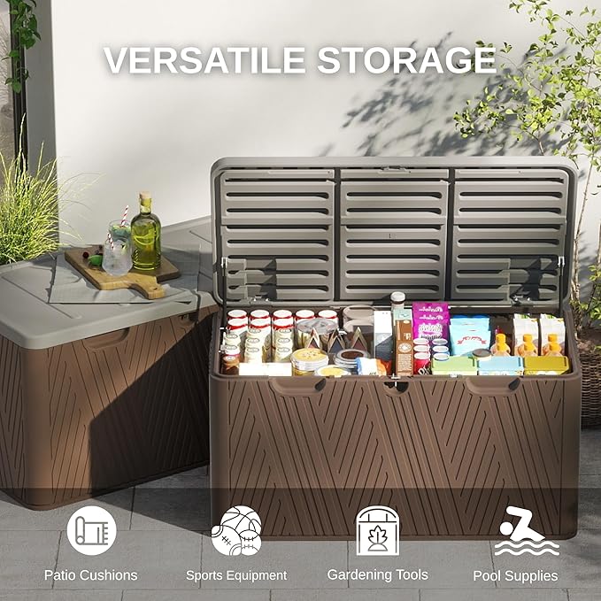 110 Gallon Outdoor Storage Box, Waterproof Patio Deck Box with Lockable Lid, Heavy-Duty HDPE Bench for Garden Tools, Cushions, Brown