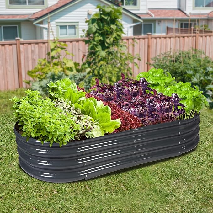 Raised Garden Bed GRS Certified Galvanized Planter Box Outdoor, 5ft Oval Rot-Resistant Metal Garden Bed Planter, Recycled Eco-Friendly Material Planter for Vegetables Flowers Herbs (Grey)
