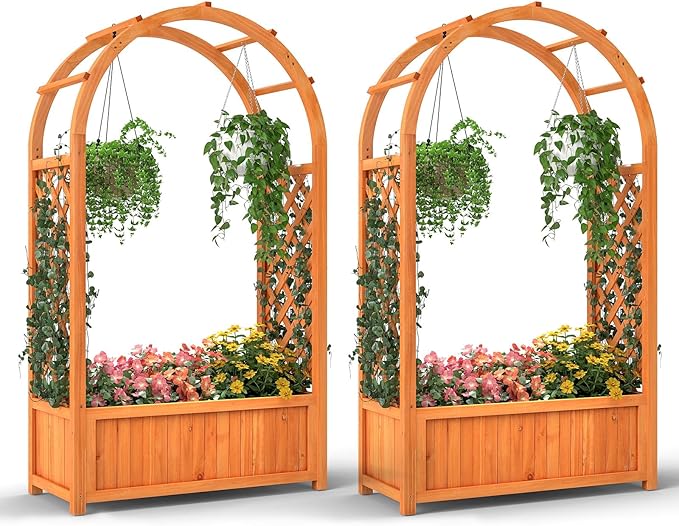 Giantex Set of 2 Raised Garden Bed with Arch Trellis, for Climbing Vine Flower Vegetable, Wood Planter Box with Liner & Drainage Design, Outdoor Plant Container for Yard Balcony (33"x14"x58")