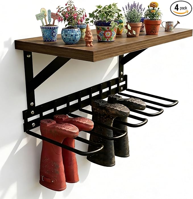 Decoroca Wall Mount Boot Rack, Garden Tool Organizer With 5 Curved Hooks & Wood Shelf, Heavy Duty Wader Boot Hangers Organizer Rack Trays for Outdoor/Indoor, Garden, Garage (4 Pack)