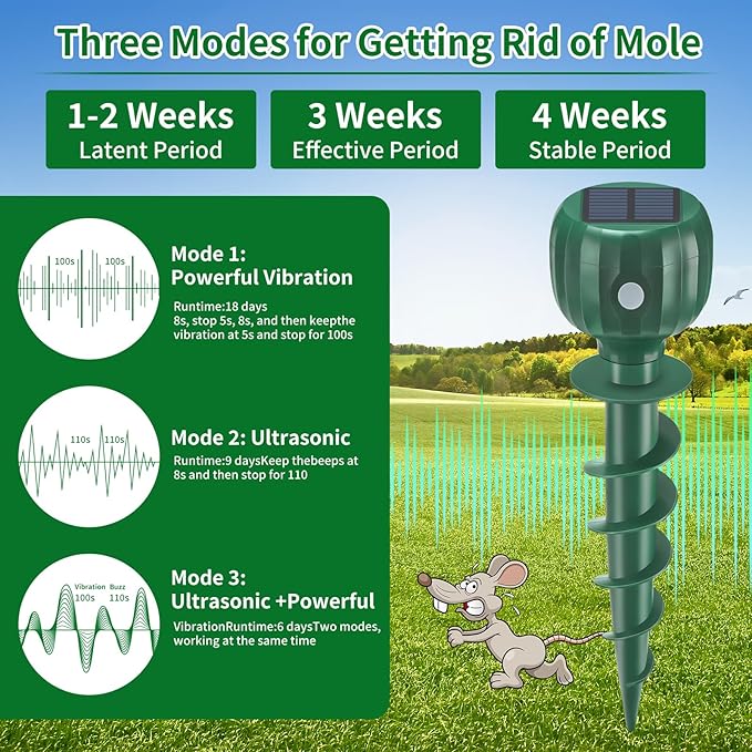 Mole Repellent Solar Powered, Waterproof Sonic Spikes Gopher Vole Groundhog Snake Chipmunk Mole Deterrent for Lawn & Garden 8 Pack