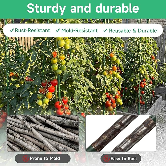 100 Pcs Tomato Stakes 16 Inch Garden Stakes for Outdoor Plants Support Plastic Coated Metal Plant Stakes Supports for Climbing Potted Plants with 50 Connectors 50 Rotatable Clips 165 Ft Twist Tie