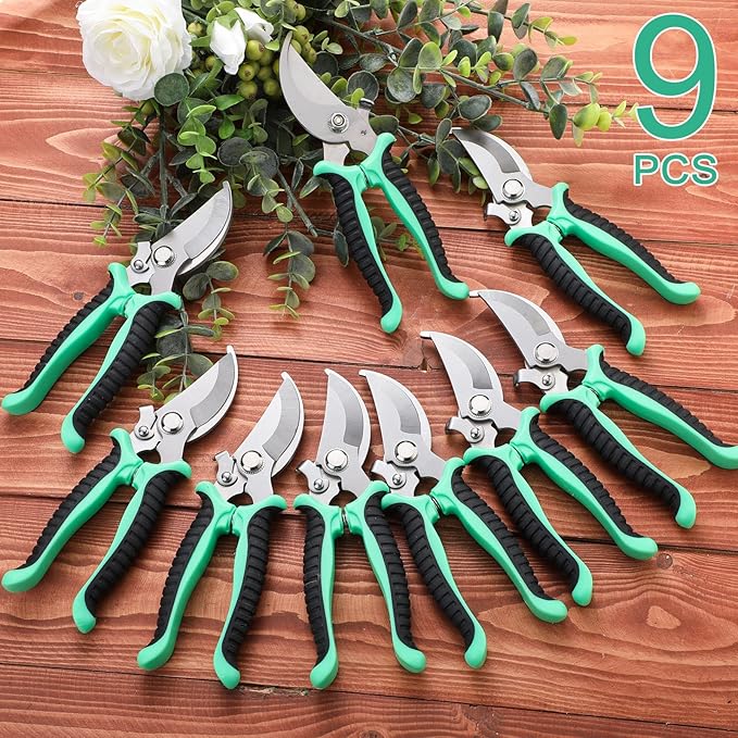 Lothee 9 Pcs Garden Shears Pruning Garden Clippers Bulk Bypass Pruner Heavy Duty for Gardening Hedge Plant Cutting Flower Scissors for Tree Trimming Bonsai Cutting Fruits Picking(Green)