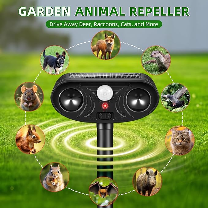 2026 Upgraded Solar Ultrasonic Animal Repellent Deer Repellent Devices Cat Deterrent Outdoor with Motion Sensor Dog Deterrent Keep Raccoon Squirrel Skunk Rabbit Away from Yard Lawn Garden 2 Pack