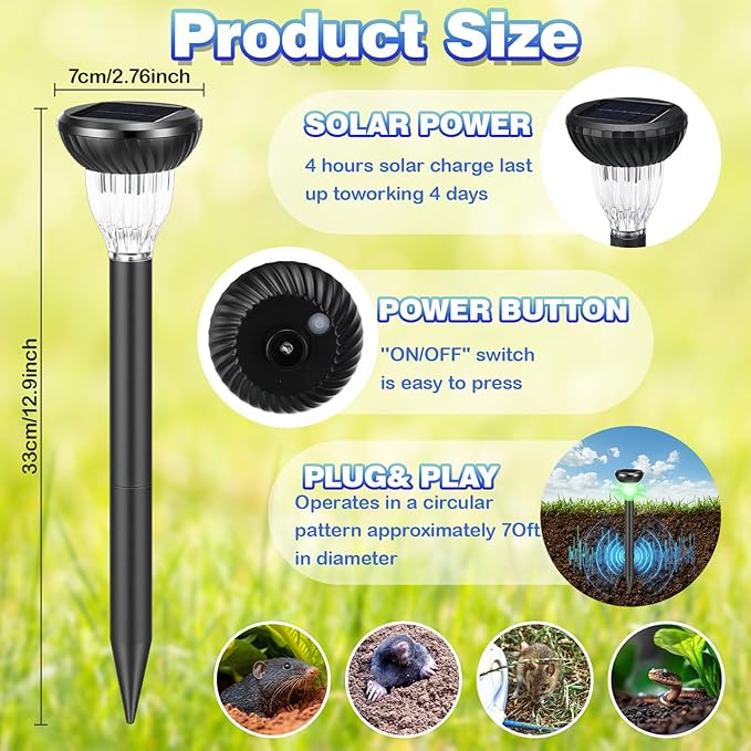 4 Pack Solar Ultrasonic Animal Repellent with RGB Color-Changing Lights, 360° Sonic Pest Deterrent for Outdoor Lawn & Garden, Solar Powered Mole, Gopher & Snake Repellent Stakes