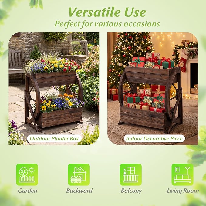 Giantex Wooden Wagon Planter Box, 2 Tier Raised Garden Bed with Drainage Holes, Rustic Wood Planter for Flowers Herbs Vegetables, Indoor Outdoor Patio Garden Balcony