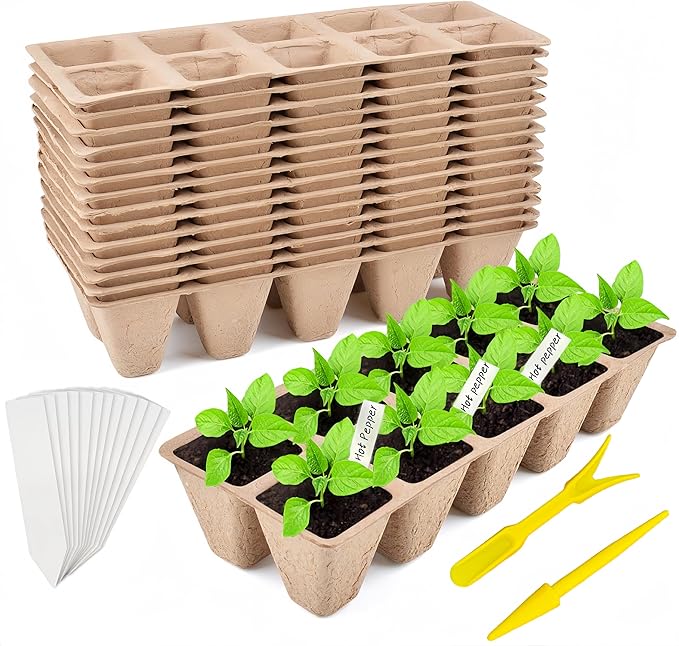 240 Cells Seed Starter Tray 24 Packs Biodegradable Peat Pots Germination Trays Organic Seed Starting Trays kit with 24 Labels 2 Transplant Tools