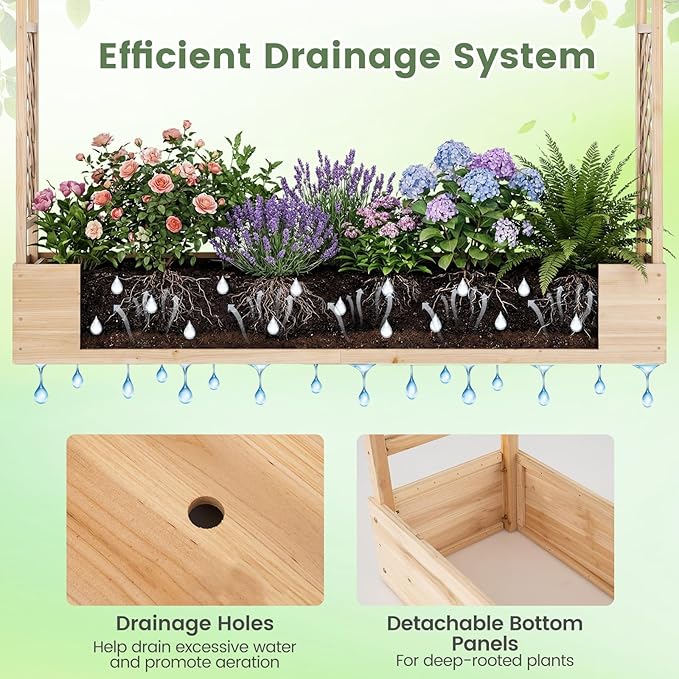 Giantex Wooden Raised Garden Bed with Trellis & Hanging Roof, Fir Wood Planter Box, 45” Freestanding Elevated Garden Bed for Outdoor Climbing Plants Vegetables Flowers, Patio & Balcony, Natural