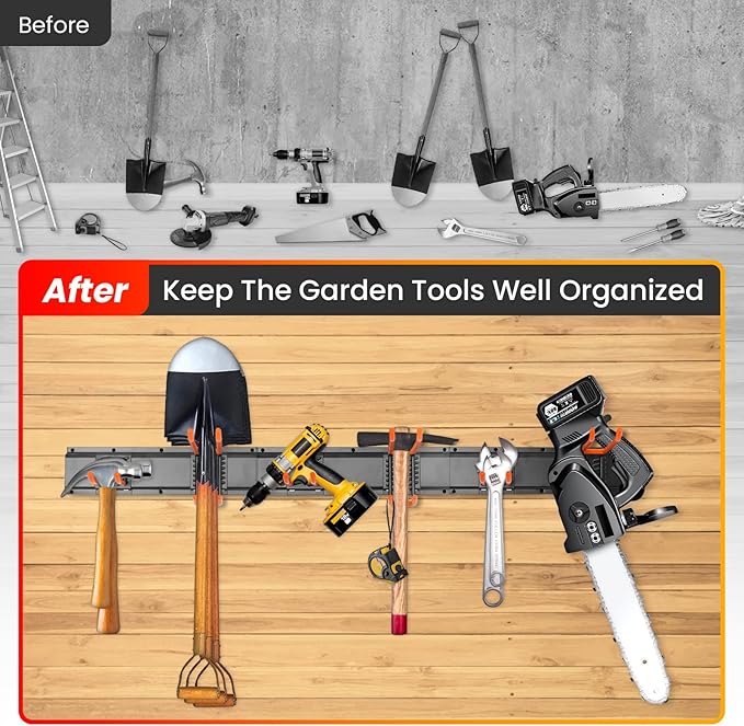 ELECROW Garage Storage Organizer, Wall Mount Rack with 6 Adjustable Hooks, 48 Inches Adjustable Garden Tool Organization, Heavy Duty for Garden and Yard Tool Storage