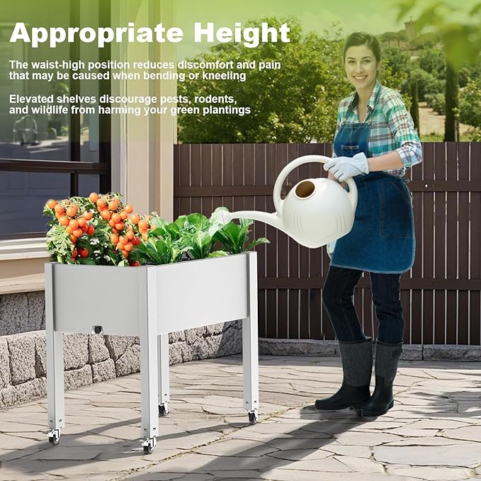 Raised Garden Bed with Legs, 28.9" Tall Elevated Garden Bed with Wheels, Drain Plug & Water Monitor Design, Outdoor Planter Box for Plants Vegetables Flowers Fruits(Ashen)