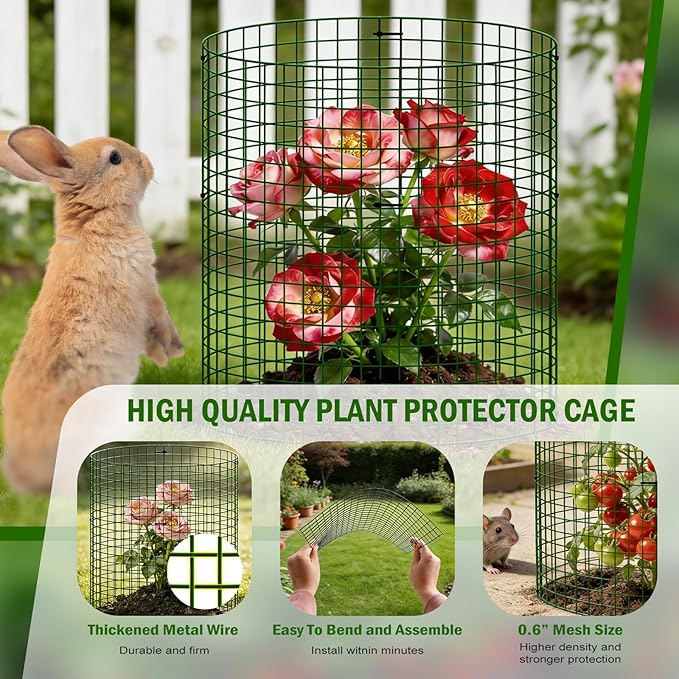 Uyittour 10 Pack Plant Protectors from Animals, 12" x 12" Round Metal Wire Garden Plant Cages to Keep Animals Out, Rabbit Proof Protection for Vegetables & Flowers with Stakes, Zip Ties & Gloves