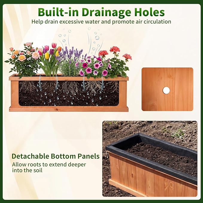 Giantex Raised Garden Bed with 3 Drainage Holes, 44”x10”x12” Wooden Elevated Planter Box w/Removable Bottom & Bed Liner, Elevated Flower Bed, Rectangular Plant Container for Vegetables Herbs & Fruits