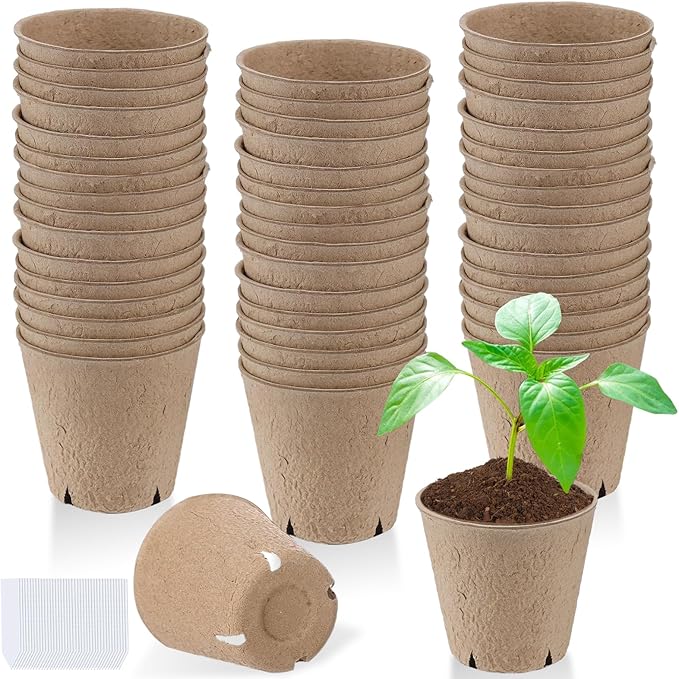 Cosweet 3.2" Biodegradable Peat Pots with Drainage Holes - 50 Pcs Thickened Round Plant Pots, Seedling Starters Kit with 100 Plant Markers for Seed Germination