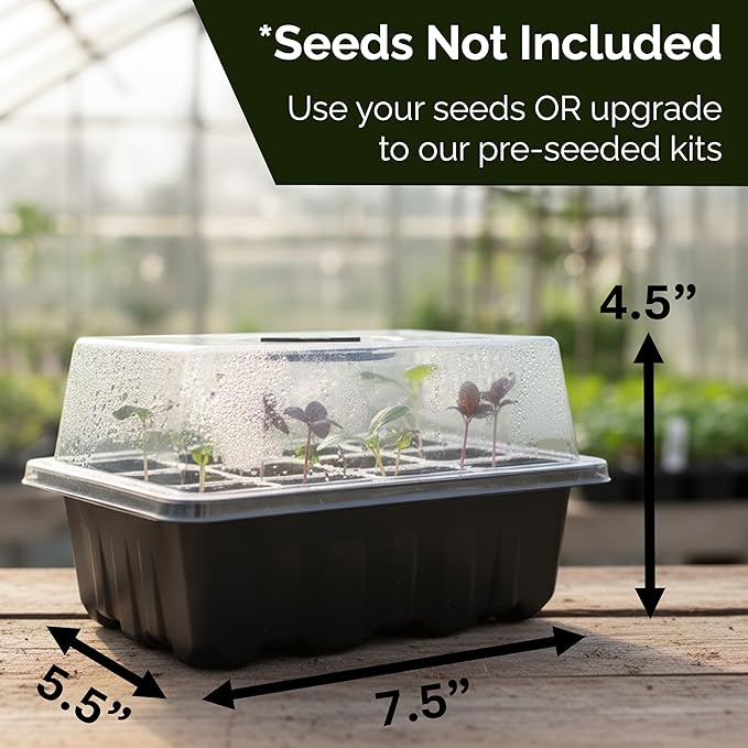 Seed Starter Tray Kit – Indoor Seed Starting Kit with Humidity Domes (2-Pack), 12-Cell Seed Starter Trays, 24 Organic Grow Plugs, Labels & Replanting Tools