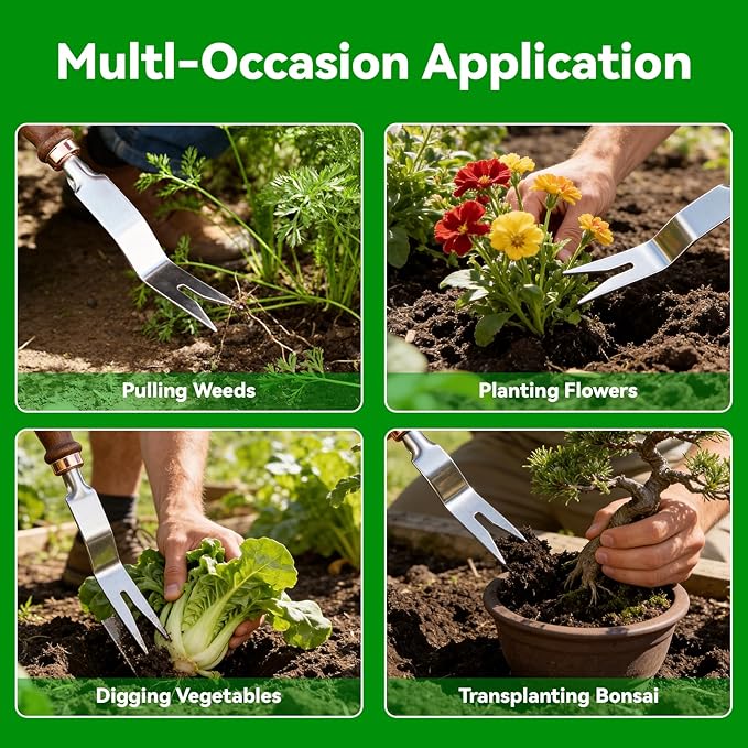 2 PCS Hand Weeder Tool Set with Bonus Stainless Steel Root Hook – Garden Weed Pullers with Ergonomic Wood Handles, 11.3" Dandelions & Daisy Grubber Forks for Lawns, Flower Beds & Vegetable Gardens