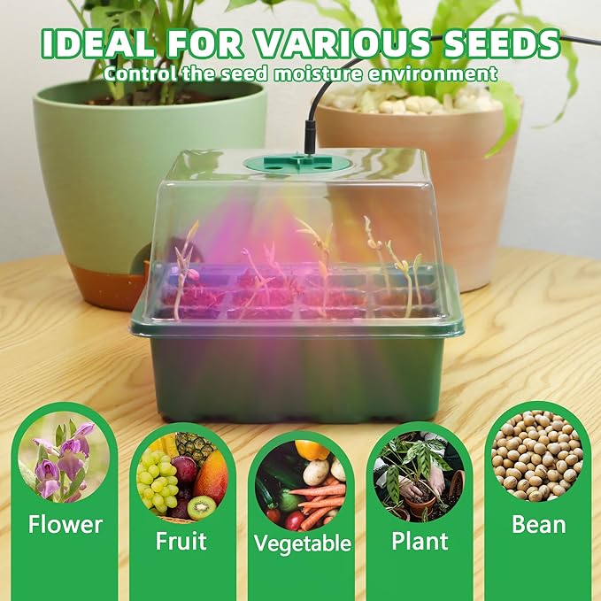 5Sets Seed Starter Tray with Grow Light, Elevated Seedling Starter Trays Kits with Adjustable Humidity Domes and Clear Cell Tray for Greenhouse Seeds Growing Starting