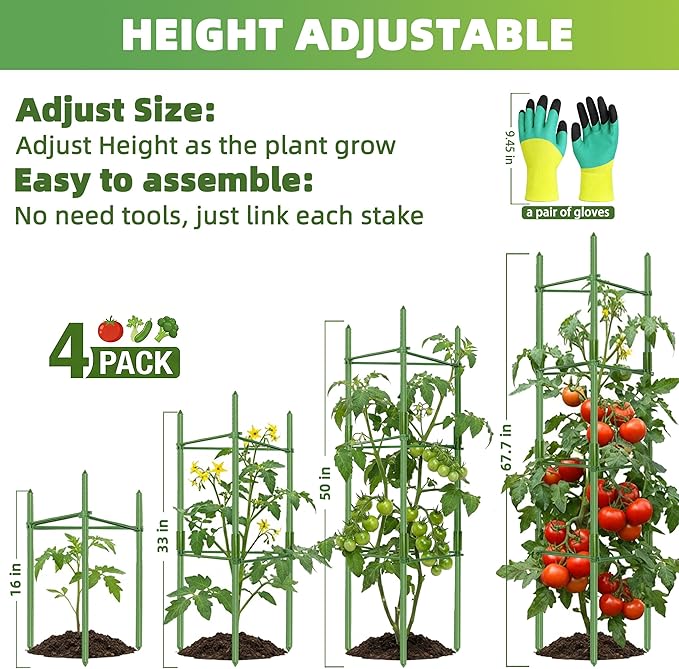 EWPJDK 6-Pack Tomato Cage for Garden Plant Support 48 INCH Garden Stakes Adjustable Tomato Cage for Climbing Plants Pots Vegetables Flowers Fruits (6, 48 Inches)