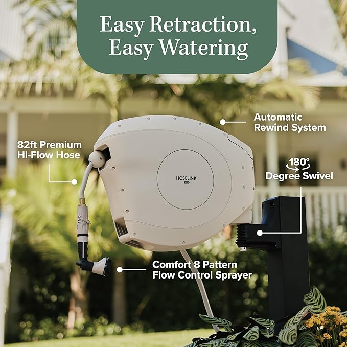 HOSELINK Classic Beige 82ft Hi-Flow Automatic Retractable Garden Hose Reel, 9/16”, 8-Pattern Spray Nozzle, UV-Stabilized Kink-Free Hose, Wall Mounted Watering Solution for Backyard, Garden & Outdoor
