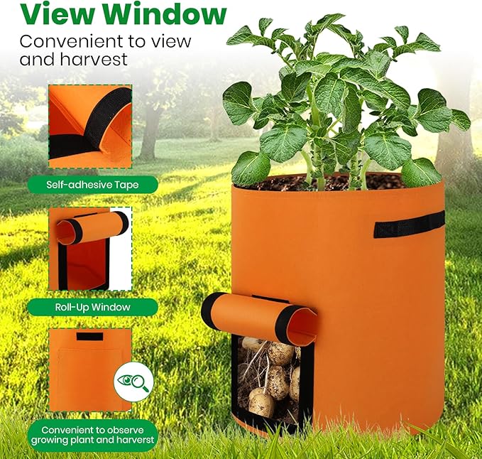 6 Pack Potato Grow Bags, 10 Gallon Planting Bags Large Fabric Pots with Flap Window Vegetable Planter Garden Pot Tall Potato Growing Containers with Handles for Vegetables, Fruits, Green + Orange