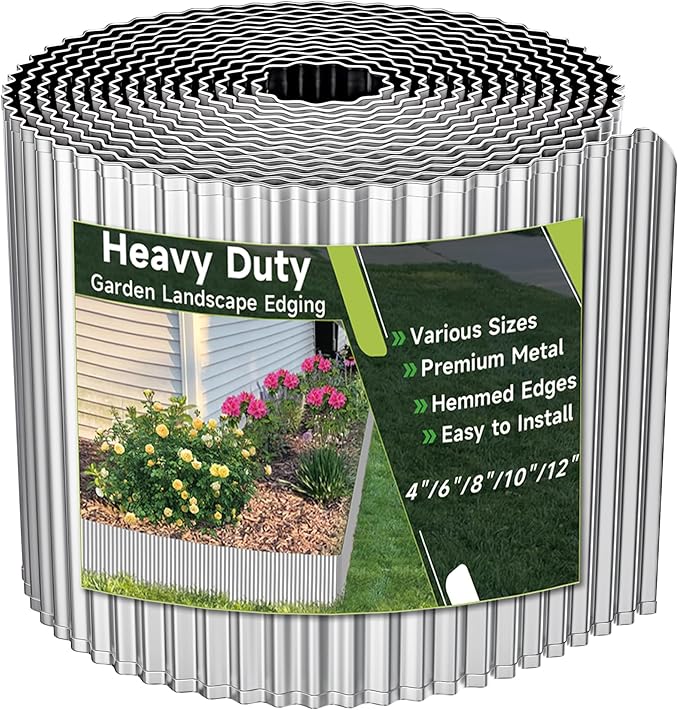 Corrugated Garden Edging,8"×20Ft Galvanized Steel Landscape Edging & Lawn Edging Border,Metal Garden Border for Flower Beds,Garden,Lawn,Raised Beds & Tree Surrounds(Silver)