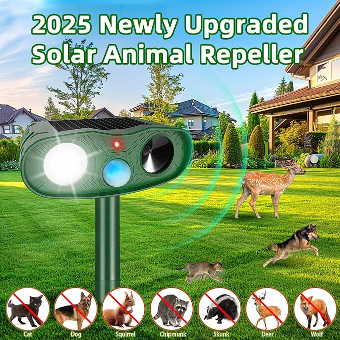 2 Pack Ultrasonic Animal Repellent Outdoor, Solar Deer Repellent Motion Sensor Cat Squirrel Rabbit Repeller, Waterproof Dog Raccoon Deterrent with LED Strobe Flash Lights