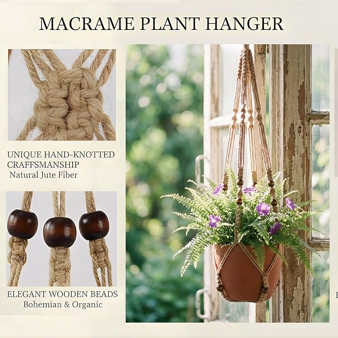 Macrame Plant Hanger 35", No Tassel Hanging Plant Holder, Sturdy Flower Pot Holder with 2 Hooks - Brown