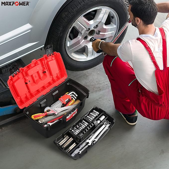 MAXPOWER Tool Box 15-Inch, Plastic Tool Boxes with Removable Tray & Dual Lock Secured For Home