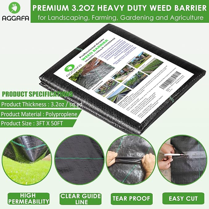 (3ft x 50ft 100% Virgin Material. Premium Heavy Duty Weed Barrier Fabric for Landscaping, Farming, Gardening and Agriculture. Durable Woven Landscape Fabric