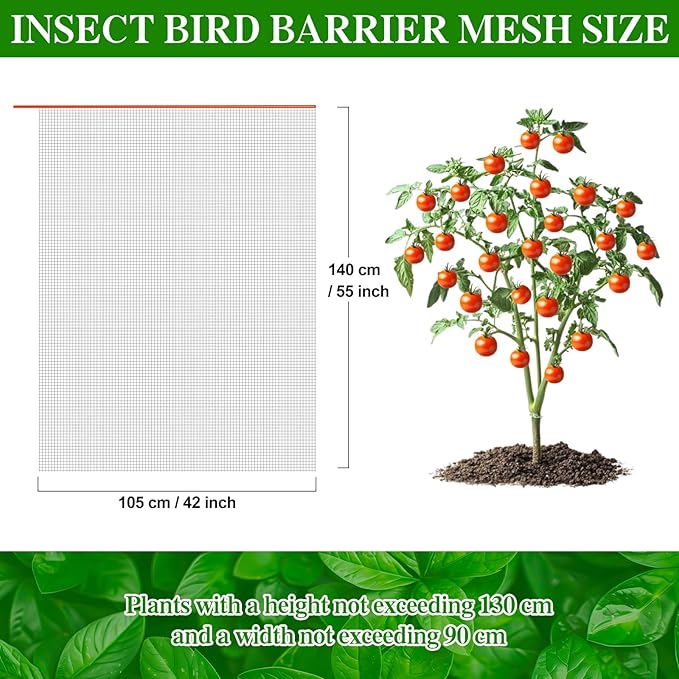 Insect Bird Barrier Mesh, Garden Netting Barrier, Bird Netting, Netting for Plant with Drawstring, 3.5 x 4.6 FT Tomato Protective Cover, Large Potted Fruit Protectors Cover for Blueberry Bushes