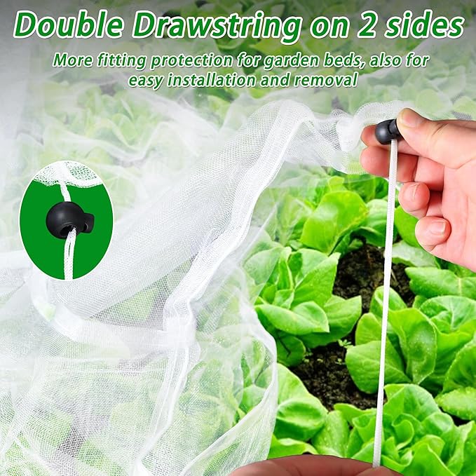 2 Pack Garden Netting for Raised Beds, Rectangular Mesh Plant Covers with Drawstring for Garden Protection, Raised Bed Bird Netting Pest Barrier Screen for Protecting Vegetables Fruits Flowers Crops