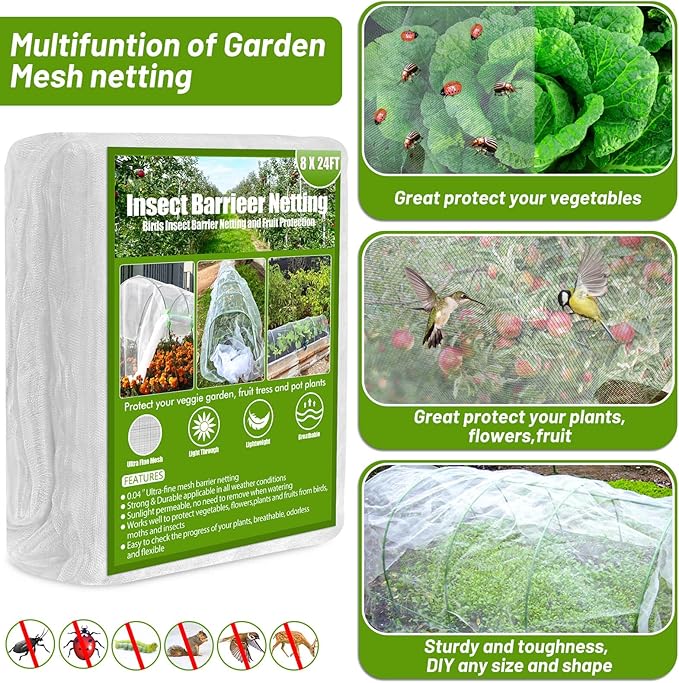 Cludoo Garden Mesh Netting Kit,8x24 ft Plant Covers Garden Netting with 6 Sets Garden Hoops & 18 Clips, Garden Protection for Raised Beds Greenhouse Vegetable Plants Flowers Animals Birds
