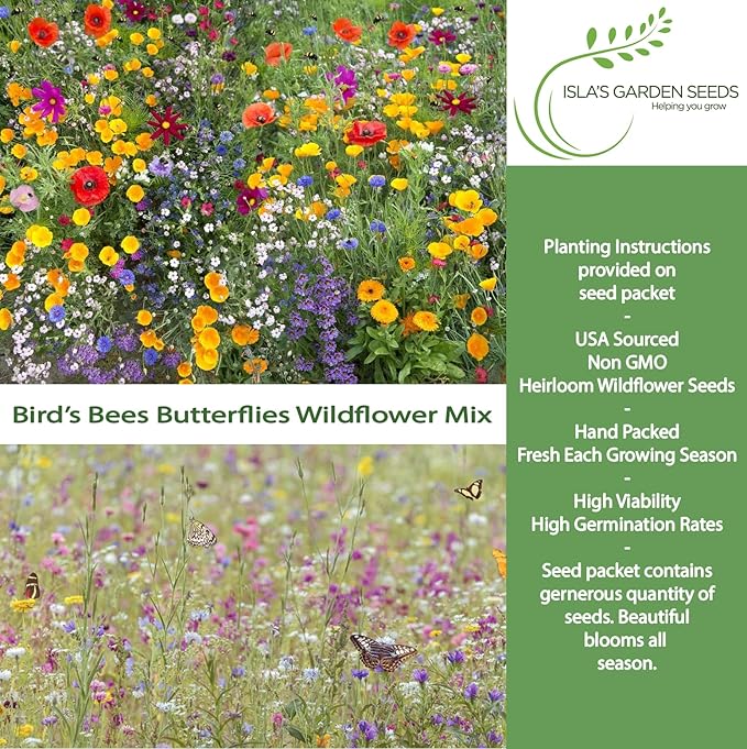 Birds, Bees & Butterflies Wildflower Mix Seeds – 500+ Non GMO Heirloom Seeds by Isla’s Garden Seeds, Colorful Pollinator Blooms for Garden Beds, Borders & Meadows, Perfect Home Gardening Gift Idea