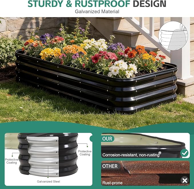 Galvanized Raised Garden Bed - Modular Garden Planter Bed Outdoor | Steel Raised Bed Kit with Bracing Rods, Gloves for Gardening Vegetables Fruits and Flowers (5x3x1ft (1Pack) Gray)