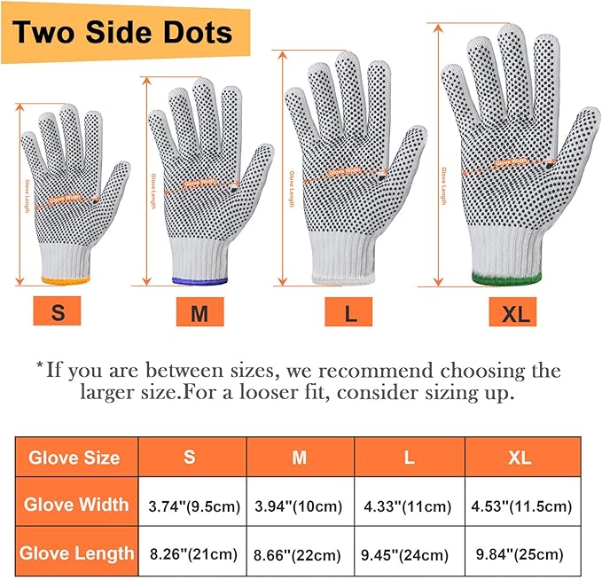 Evridwear Cotton Polyester String Knit Shell Safety Protection Work Gloves for Painter Mechanic Industrial Warehouse Gardening Construction Men & Women 12 Pairs, With Two Side dots, S Size