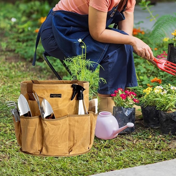 Heavy-Duty 16oz Waxed Canvas Garden Tool Tote with Handle, Wide-Mouth Open Top Design 14 inch Tool Bag | Khaki
