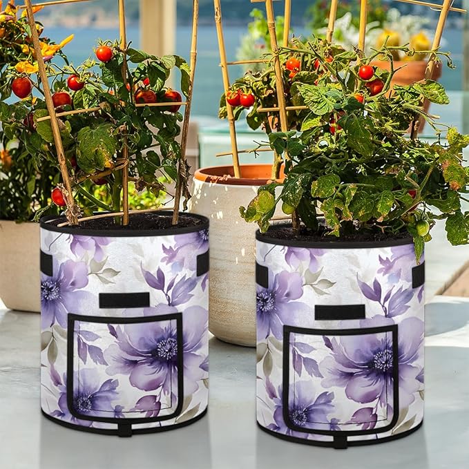 10 Gallon Potato Grow Bags Purple Watercolor Flowers Growing Bag with Handles Harvest Window Durable Garden Planting Bag Thickened Nonwoven Fabric Pots for Tomato Vegetable Fruits, 2 Pack