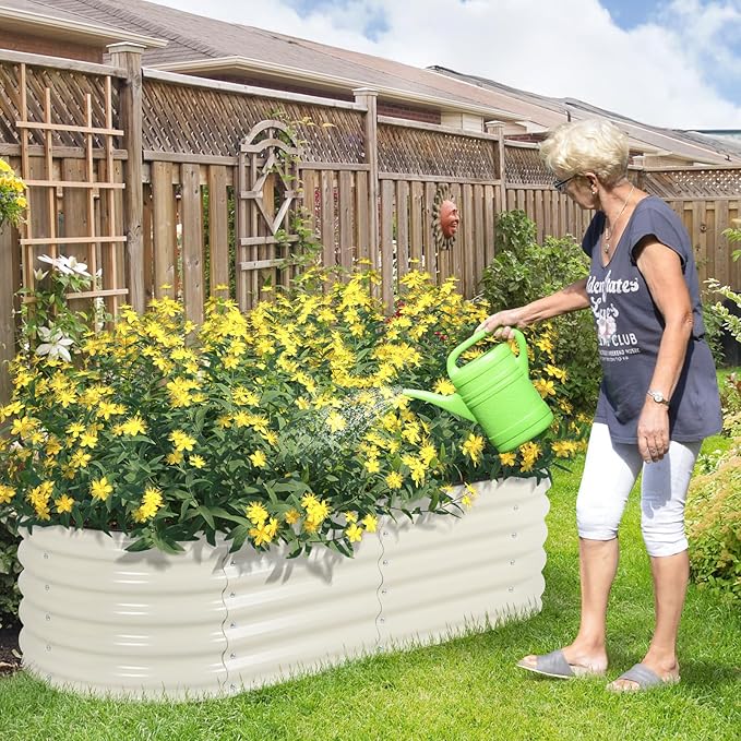 Aoodor 17" Tall Oval Galvanized Raised Garden Bed Kit, 4-in-1 Large Metal Outdoor Planter Box for Vegetables, Flowers, and Herbs, 5 x 2 x 1.5 Ft, Beige