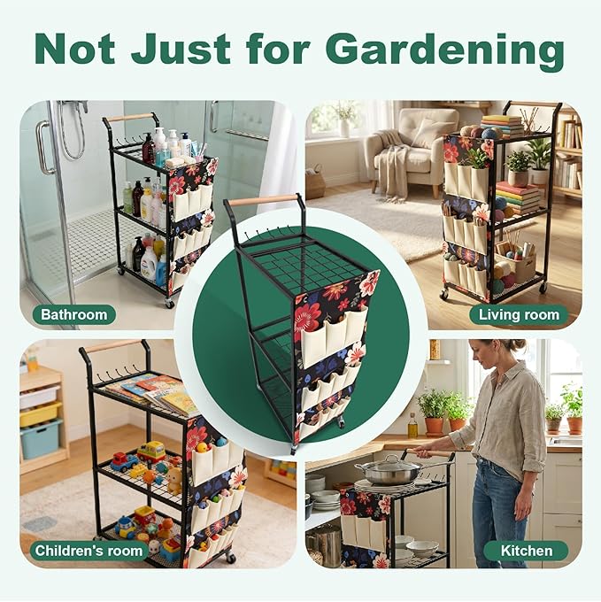 Garden Tool Organizer with Wheels & Storage Bag, 40 Inch Rolling Mobile Cart, 6-Hook Metal Storage Rack with Mesh Panel for Garage Shed Patio Organization, Black