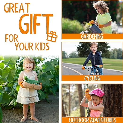 HANDLANDY 2 Pairs Kids Genuine Leather Work Gloves for ages 3-11, Children Gardening Gloves for Boys, Girls (Large (for age 8-11), Orange)