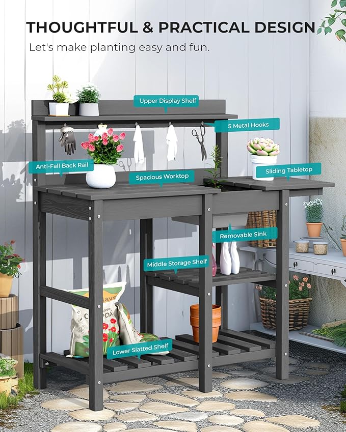 SERWALL Outdoor Potting Bench 2-Piece Set, Rot-Resistant HDPE Potting Table with Removable Sink for Outside Gardening, All-Weather Use - Gray